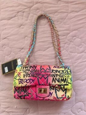 New Caleesa vegan leather quilted neon graffiti shoulder bag